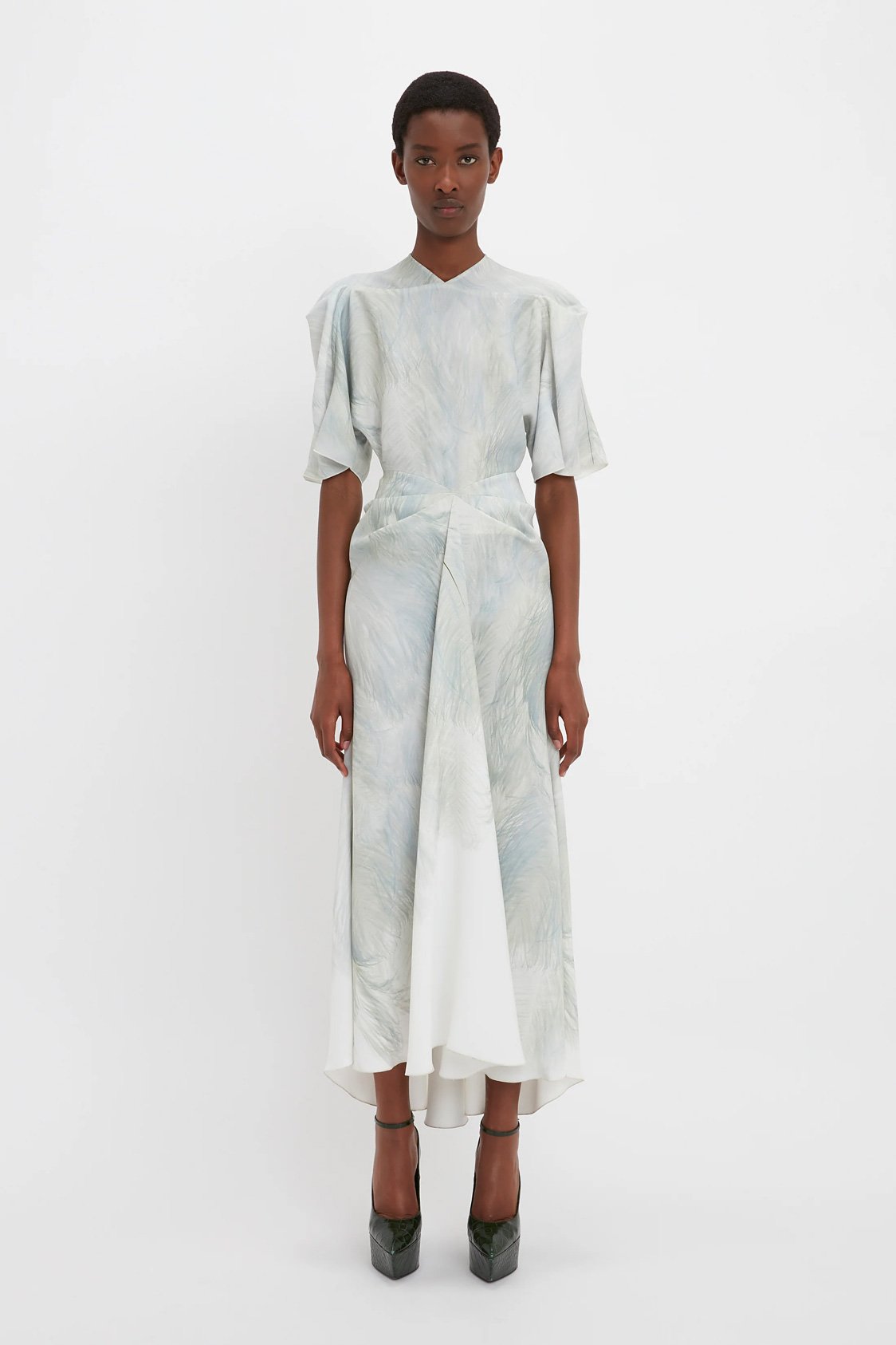 Drape Sleeve Midi Dress In White Digital Feather Print